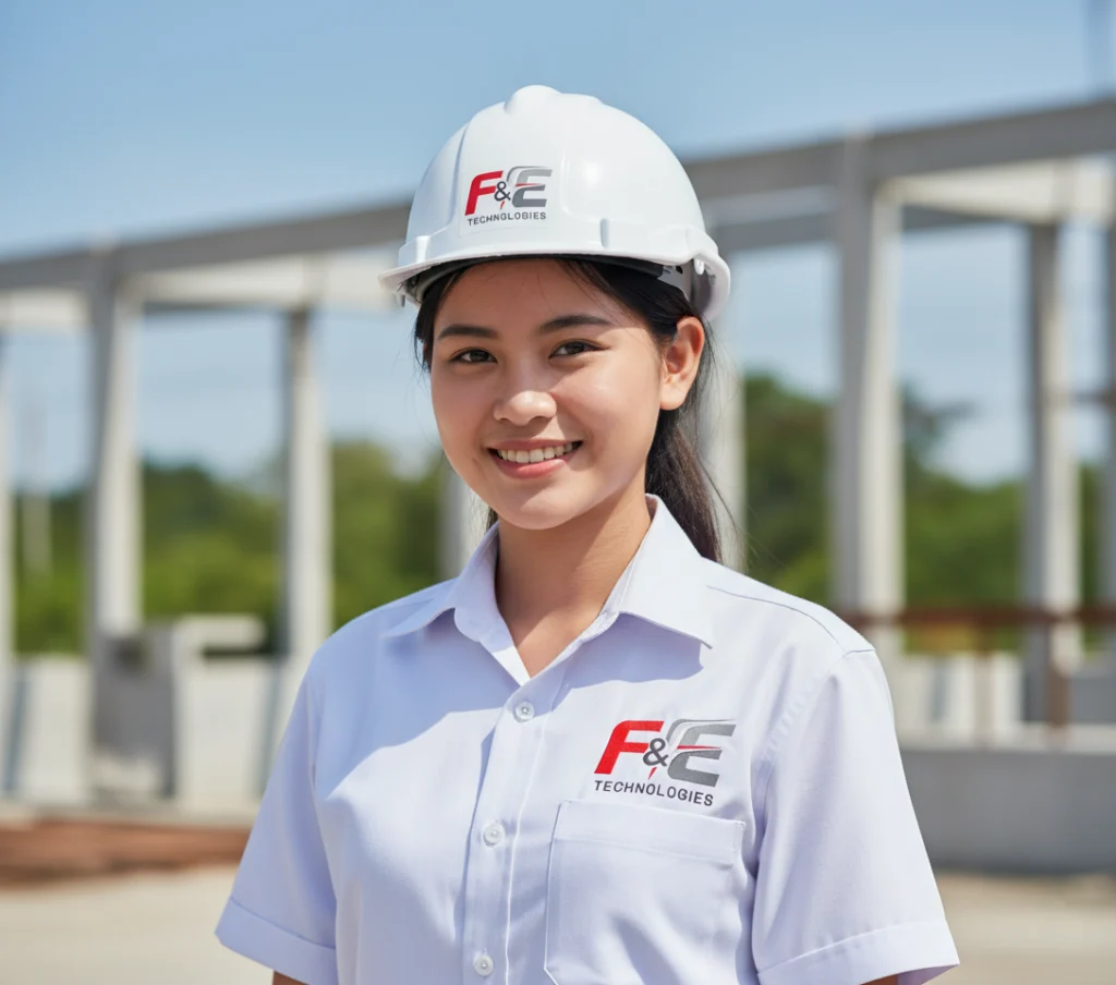 fe_girl Generate a pretty southeast asian girl smiling wearing white uniform and safety helmet with attached F&E logo